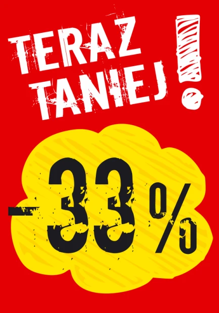 Naklejka Teraz taniej o wartość w % - Wzór graficzny. Czerwone tło z żółtą chmurką i dużymi czarnymi cyframi