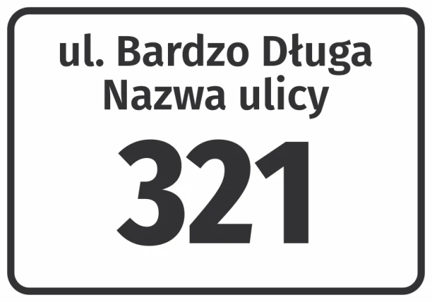 Naklejka Ulica i numer domu - Wzór graficzny. Prosty prostokąt z białym tłem, czarnym obramowaniem oraz dużymi, wyraźnymi