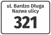 Naklejka Ulica i numer domu - Wzór graficzny. Prosty prostokąt z białym tłem, czarnym obramowaniem oraz dużymi, wyraźnymi