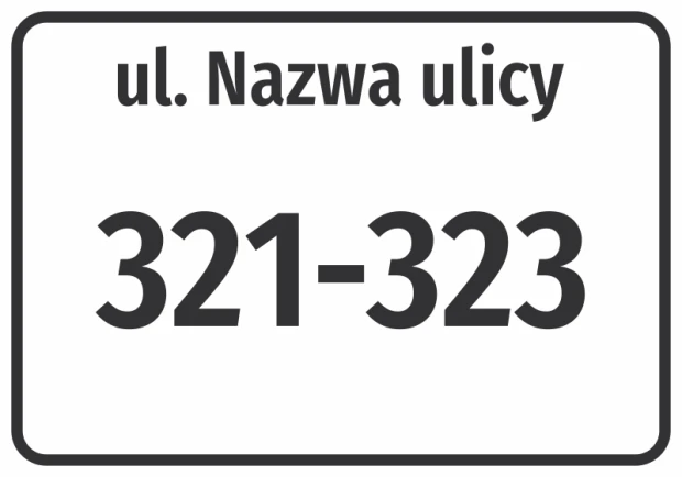 Naklejka Ulica i numer domu - Wzór graficzny. Prostokąt z białym tłem, czarnym napisem i dużymi cyframi