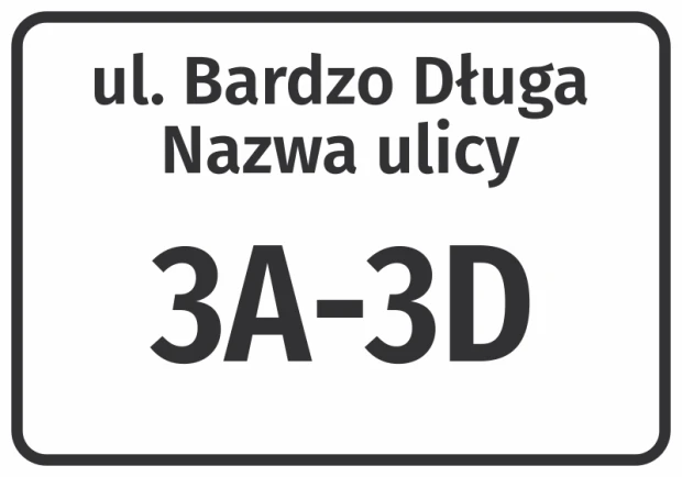 Naklejka Ulica i numer domu - Wzór graficzny. Prosta tablica z białym tłem, czarnym tekstem i dużymi cyframi