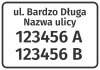 Naklejka Ulica i numer domu - Wzór graficzny. Prosta forma, czarny tekst na białym tle, z numerami i nazwą ulicy