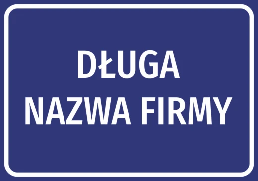 Niebieska naklejka informacyjna z białym, dwuwierszowym miejscem na dłuższą nazwę firmy, pokazana na białym tle
