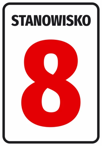 Naklejka z numerem stanowiska lub oznaczeniem literowym - Wzór graficzny. Czerwony numer 8 na białym tle z czarnym