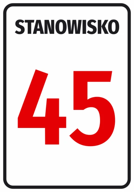 Naklejka z numerem stanowiska lub oznaczeniem literowym - Wzór graficzny. Białe tło z dużym czerwonym numerem 45 i napisem