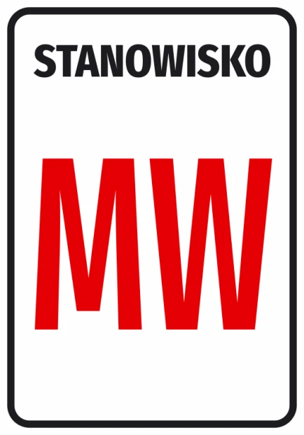 Naklejka z numerem stanowiska lub oznaczeniem literowym - Wzór graficzny. Czarne litery na białym tle, czerwony napis MW