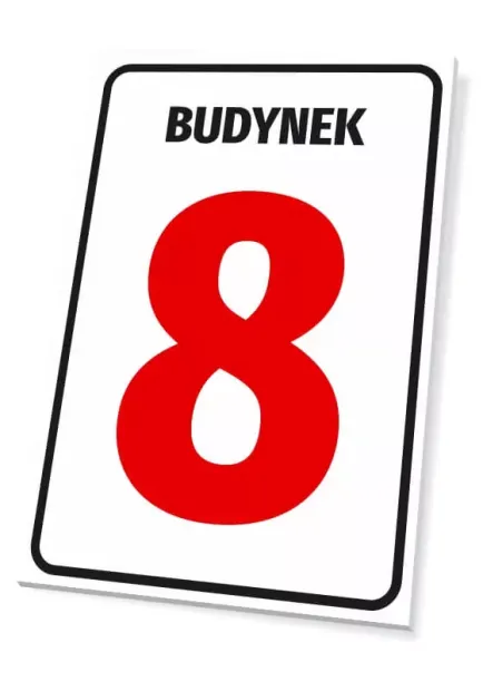 Tabliczka z napisem BUDYNEK i miejscem na numer lub literę, pokazana w ujęciu prezentującym grubość płyty