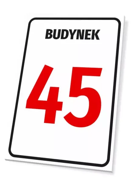 Tabliczka z napisem BUDYNEK i polem na numer lub literę, pokazana pod kątem z efektem trójwymiarowości