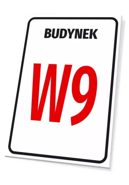 Tabliczka z napisem BUDYNEK i miejscem na oznaczenie, pokazana w ujęciu z cieniem tworzącym efekt głębi