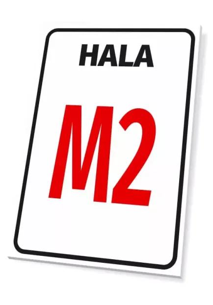 Tabliczka Hala z oznaczeniem literowym lub numerem - Wzór graficzny. Prosta tabliczka z białym tłem, czarnym napisem HALA