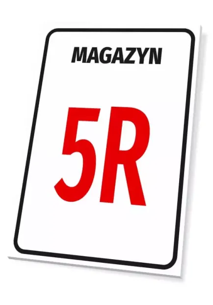 Tabliczka z napisem MAGAZYN i miejscem na oznaczenie, pokazana w ujęciu z efektem trójwymiarowości na białym tle