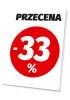 Tabliczka Przecena, wartość w % - Wzór graficzny. Czerwone koło z białym napisem PRZECENA i dużymi cyframi -33%