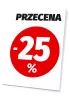 Tabliczka Przecena, wartość w % - Wzór graficzny. Na białym tle okrąg w kolorze czerwonym z białym napisem -25%
