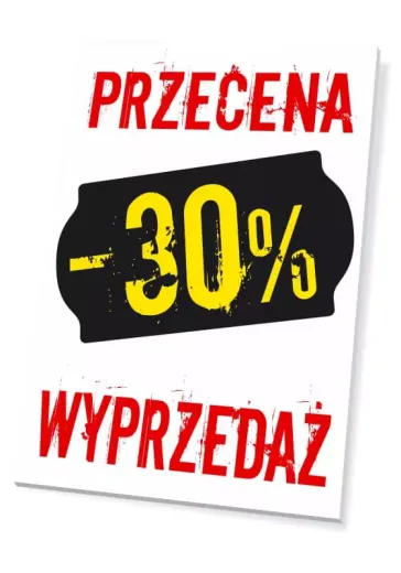 Prostokątna tabliczka z napisami PRZECENA i WYPRZEDAŻ oraz z przykładowym polem na wartość procentową