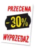 Tabliczka Przecena, wyprzedaż, wartość w % - Wzór graficzny. Czerwony tekst na białym tle, czarna etykieta z żółtym napisem