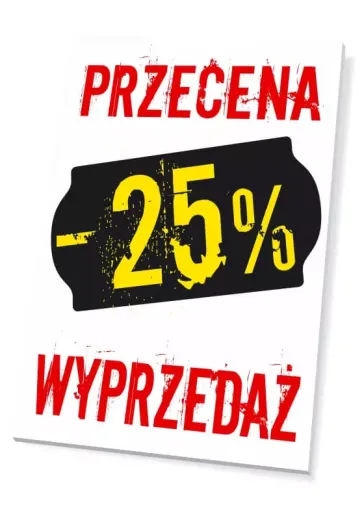 Prostokątna tabliczka z napisami PRZECENA i WYPRZEDAŻ w ujęciu pokazującym grubość płyty pod kątem
