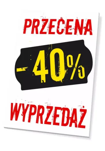 Tabliczka z napisami PRZECENA i WYPRZEDAŻ oraz z przykładową wartością procentową w ujęciu pod kątem