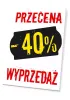 Tabliczka Przecena, wyprzedaż, wartość w % - Wzór graficzny. Czarne tło z żółtym napisem i czerwonymi literami