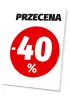 Tabliczka Przecena, wartość w % - Wzór graficzny. Czerwony okrąg z białymi cyframi -40% na białym tle