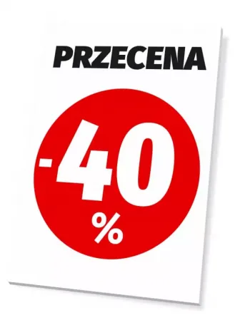 Tabliczka Przecena, wartość w % - Wzór graficzny. Czerwony okrąg z białymi cyframi -40% na białym tle