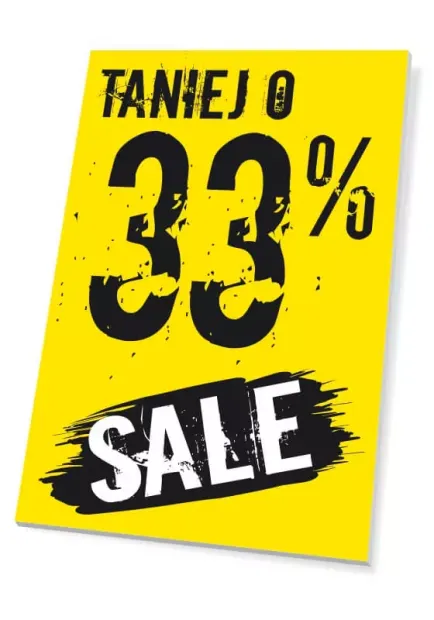 Żółta tabliczka reklamowa z napisem SALE, TANIEJ O oraz przykładowym polem na wartość procentową obniżki