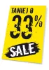 Tabliczka Sale, taniej o 33% - Wzór graficzny. Żółte tło z dużymi czarnymi cyframi i napisem SALE