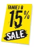Tabliczka Sale, taniej o 15% - Wzór graficzny. Żółte tło z dużymi czarnymi cyframi i napisem SALE