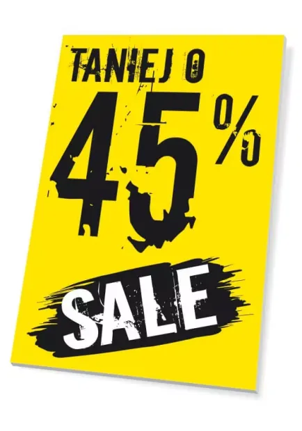 Żółta tabliczka reklamowa z napisem TANIEJ O i SALE, z przykładową wartością obniżki 45% w ujęciu pod kątem