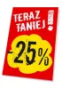 Tabliczka Teraz taniej o wartość w % - Wzór graficzny. Czerwone tło z żółtą chmurką i czarnymi cyframi