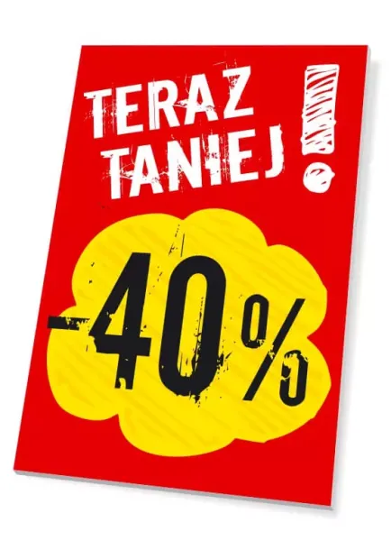 Tabliczka Teraz taniej o wartość w % - Wzór graficzny. Czerwone tło z żółtą chmurką i dużymi czarnymi cyframi