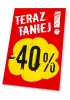 Tabliczka Teraz taniej o wartość w % - Wzór graficzny. Czerwone tło z żółtą chmurką i dużymi czarnymi cyframi