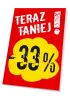 Tabliczka Teraz taniej o wartość w % - Wzór graficzny. Czerwone tło z żółtą chmurką i dużymi czarnymi cyframi