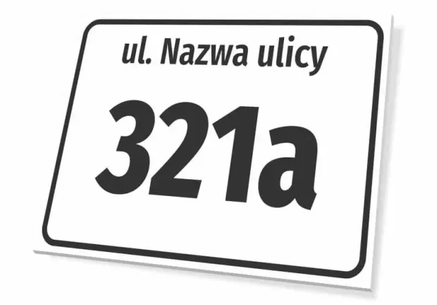Tabliczka Ulica i numer domu - Wzór graficzny. Prostokątna tabliczka z białym tłem, czarnym napisem i dużymi cyframi