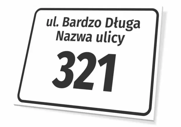 Tabliczka Ulica i numer domu - Wzór graficzny. Prosta tabliczka z białym tłem, czarnym tekstem i dużymi cyframi