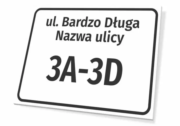 Tabliczka Ulica i numer domu - Wzór graficzny. Prosty prostokąt z białym tłem, czarnym tekstem i numerami