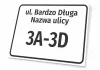 Tabliczka Ulica i numer domu - Wzór graficzny. Prosty prostokąt z białym tłem, czarnym tekstem i numerami