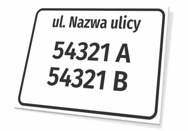 Tabliczka Ulica i numer domu - Wzór graficzny. Prosta forma z dużymi, wyraźnymi cyframi i tekstem na białym tle