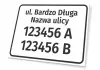 Tabliczka Ulica i numer domu - Wzór graficzny. Prosta tabliczka z tekstem w czarnym kolorze na białym tle