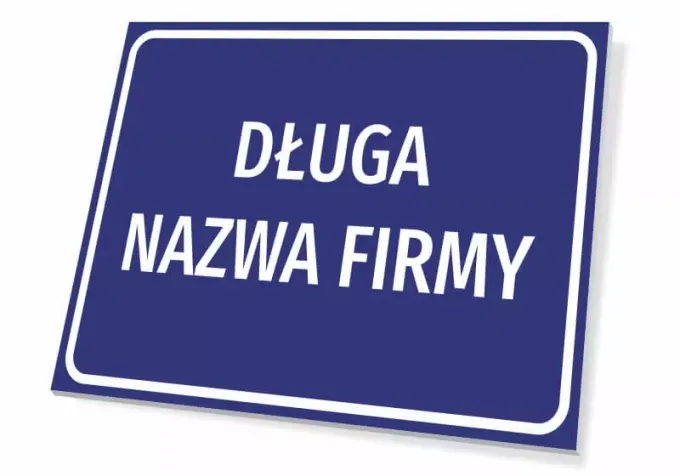 Tabliczka z nazwą firmy, przedsiębiorstwa, zakładu, lokalu - Wzór graficzny. Prostokątna tabliczka z niebieskim tłem