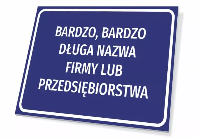 Tabliczka z nazwą firmy, przedsiębiorstwa, zakładu, lokalu - Wzór graficzny. Prosta, prostokątna tabliczka z niebieskim tłem