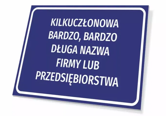 Tabliczka z nazwą firmy, przedsiębiorstwa, zakładu, lokalu - Wzór graficzny. Prosta, prostokątna tabliczka z niebieskim tłem