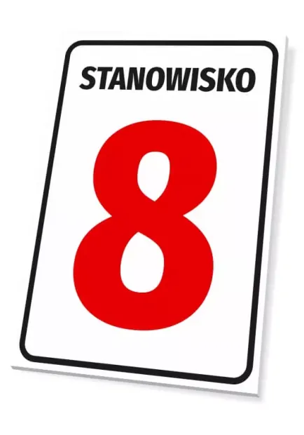 Tabliczka z numerem stanowiska lub oznaczeniem literowym - Wzór graficzny. Czerwony numer 8 na białym tle, z czarnym napisem