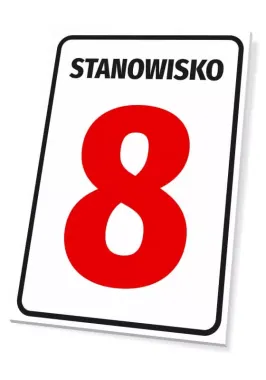 Tabliczka z numerem stanowiska lub oznaczeniem literowym - Wzór graficzny. Czerwony numer 8 na białym tle, z czarnym napisem