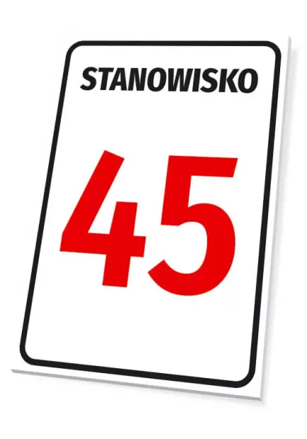Tabliczka z numerem stanowiska lub oznaczeniem literowym - Wzór graficzny. Prosta tabliczka z dużym czerwonym numerem 45