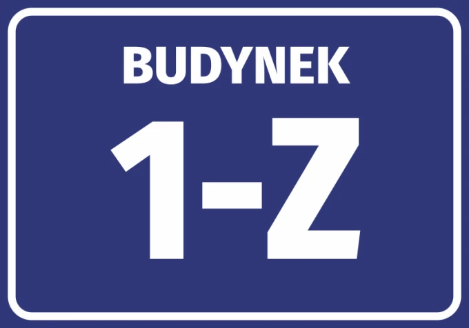 Naklejka Budynek z numerem, literą - Wzór graficzny. Prostokąt z niebieskim tłem, białe litery i cyfry