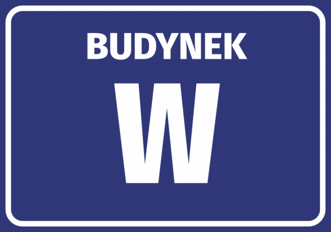 Naklejka Budynek z numerem, literą - Wzór graficzny. Prosta grafika z dużym napisem BUDYNEK i literą W na ciemnoniebieskim