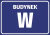 Naklejka Budynek z numerem, literą - Wzór graficzny. Prosta grafika z dużym napisem BUDYNEK i literą W na ciemnoniebieskim