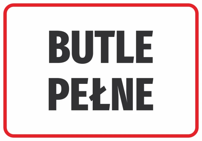 Naklejka Butle pełne - Wzór graficzny. Duże, czarne litery na białym tle w czerwoną ramkę