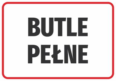 Naklejka Butle pełne - Wzór graficzny. Duże, czarne litery na białym tle w czerwoną ramkę