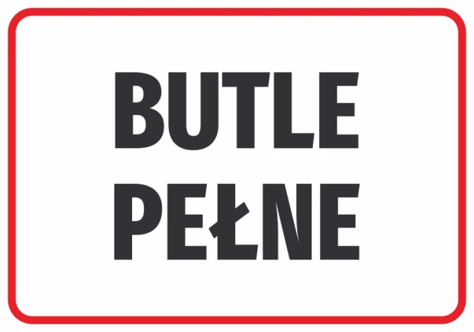 Naklejka Butle pełne - Wzór graficzny. Duże, czarne litery na białym tle w czerwoną ramkę